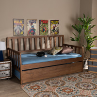Baxton Studio MG0046-1-Walnut-Daybed with Trundle Midori Modern and Contemporary Transitional Walnut Brown Finished Wood Twin Size Daybed with Roll-Out Trundle Bed